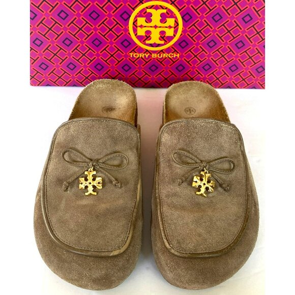 Tory Burch Shoes - Tory Burch Charm Mule Natural Suede River Rock Tan Brown Size 7 Cork